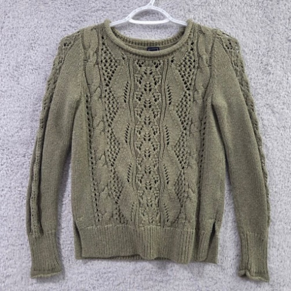 GAP Pointelle Sweater Women's XXS Olive Green Rolled Neck Open Knit Pullover